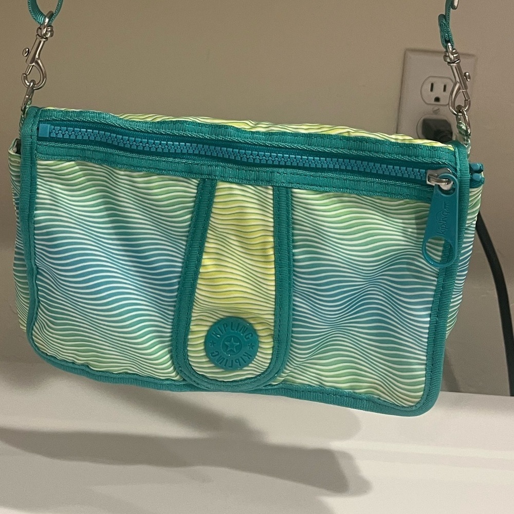 Kipling Teal and Yellow Wave Pattern Crossbody Bag